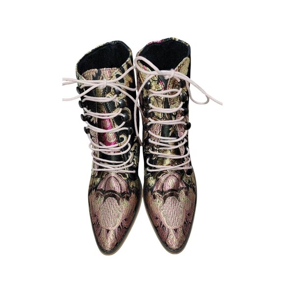 Womens Brocade Lace-Up Ankle Boots Floral Design High Block Heel Size 39 EU 8.5 - Picture 2 of 6